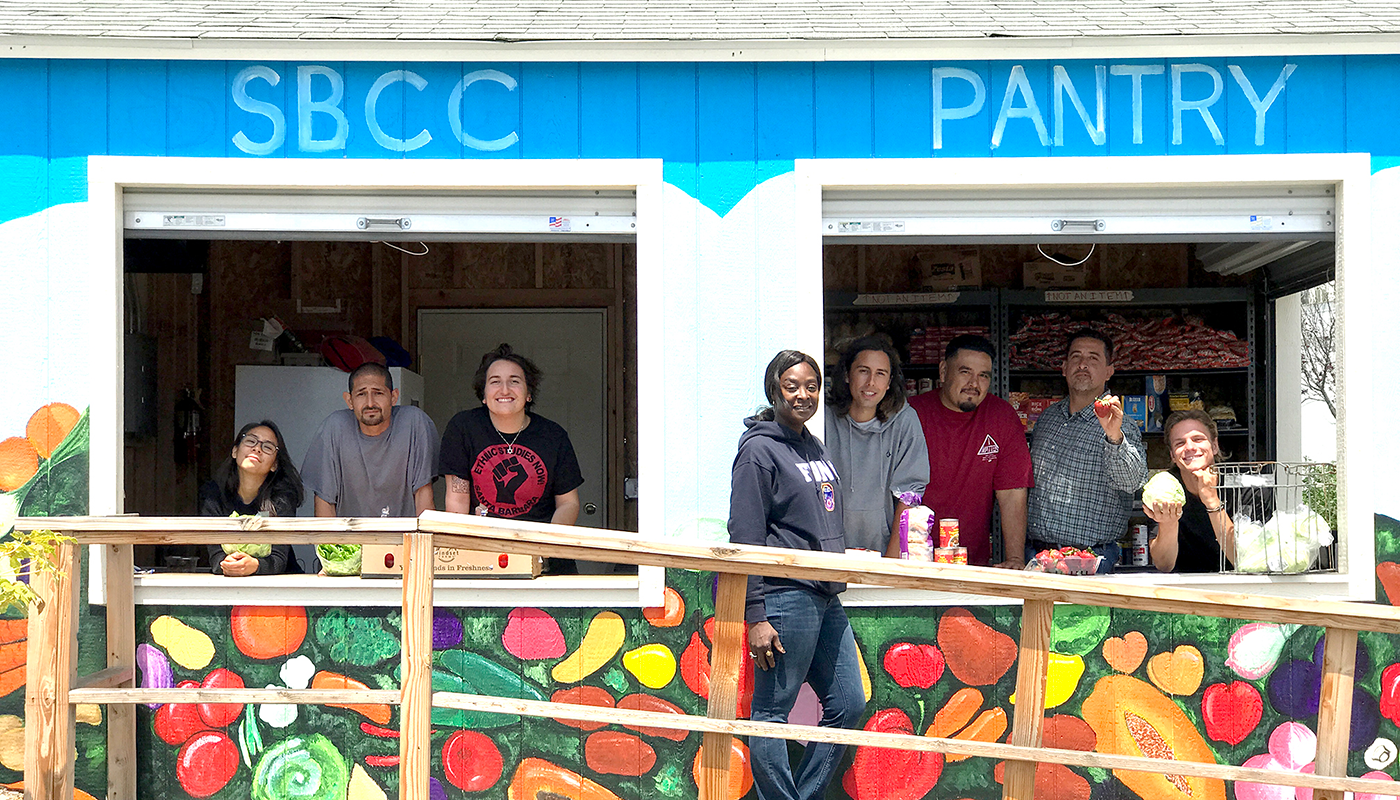 SBCC's food pantry with staff and students waiting to give out free food.